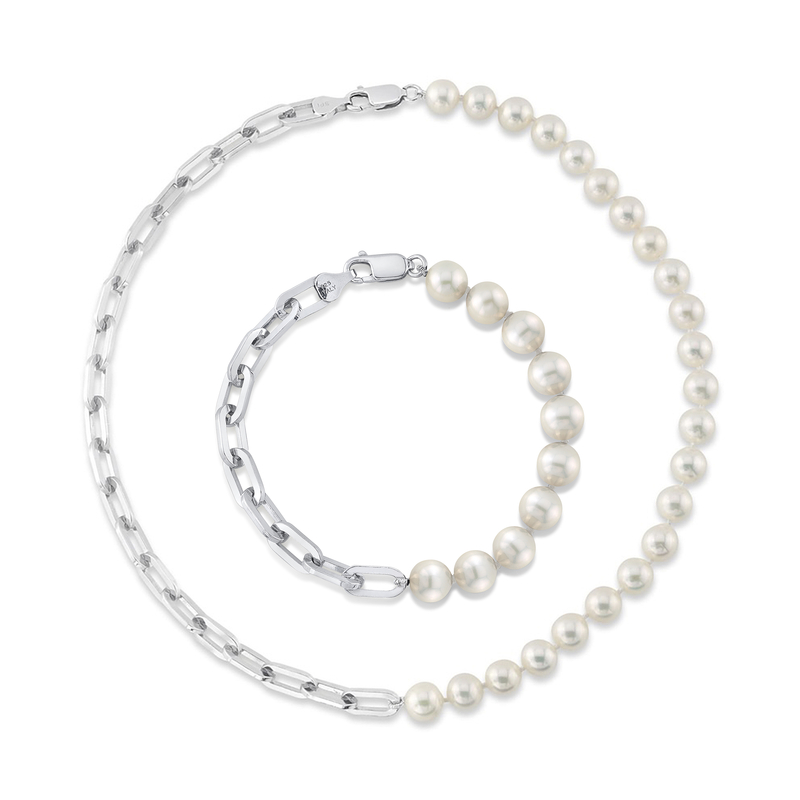 7mm White Freshwater Scarlett Pearl & Chain Necklace, Bracelet Set