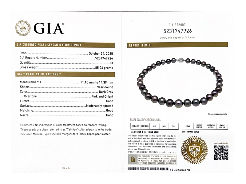 11-14mm Rare Peacock Eggplant Tahitian Round Pearl Necklace - GIA Certified - Secondary Image