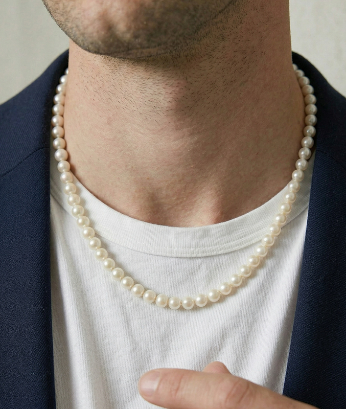 ~7.5-8.5mm White Freshwater Pearl Adjustable Necklace for Men - Secondary Image~