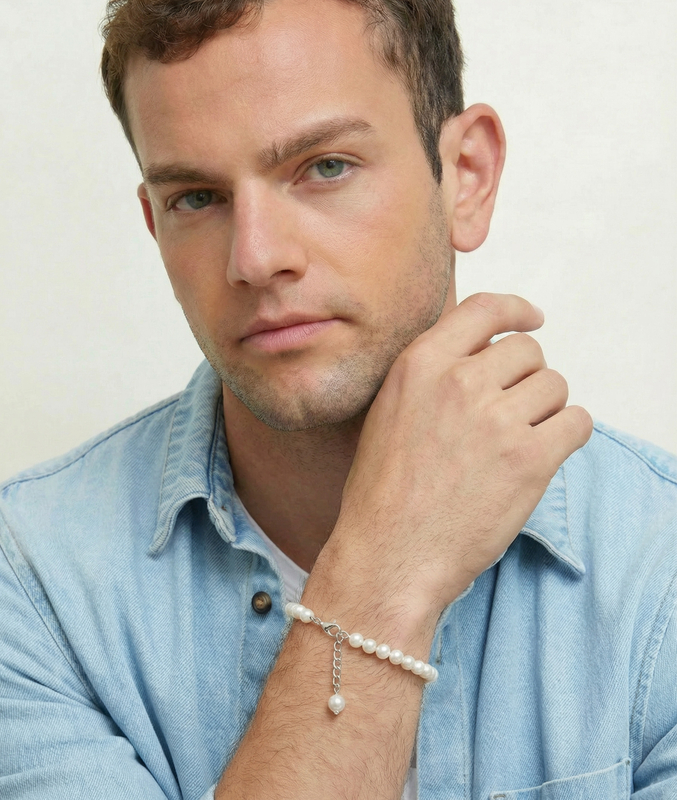 ~7.5-8.5mm White Freshwater Pearl Adjustable Bracelet for Men - Model Image~
