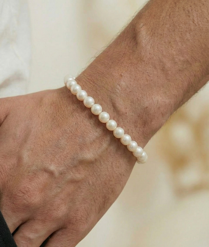 ~7.5-8.5mm White Freshwater Pearl Adjustable Bracelet for Men - Third Image~