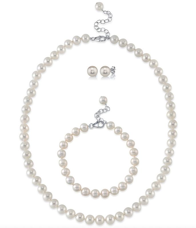 8.0-8.5mm White Freshwater Pearl Adjustable Necklace, Bracelet, Earrings Set