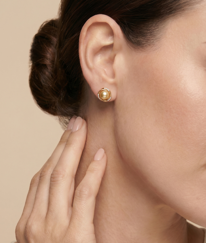 Goldene Südseeperlen Lexi Ohrringe mit Diamanten - Modellbild
