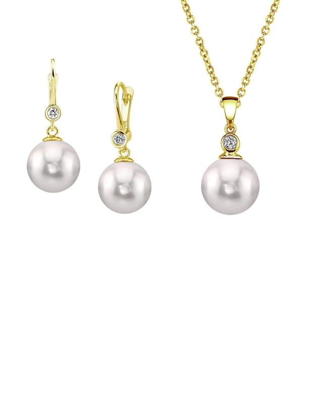 Michelle Schmuckset aus 14K Gold mit weißen Akoya-Zuchtperlen & Diamanten