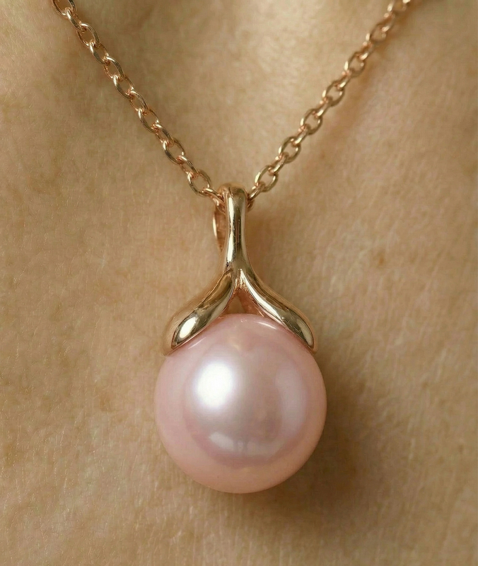 10-11mm rosafarbene Süßwasserperle, rosévergoldeter Oliven-Tropfen-Anhänger - Zweites Bild