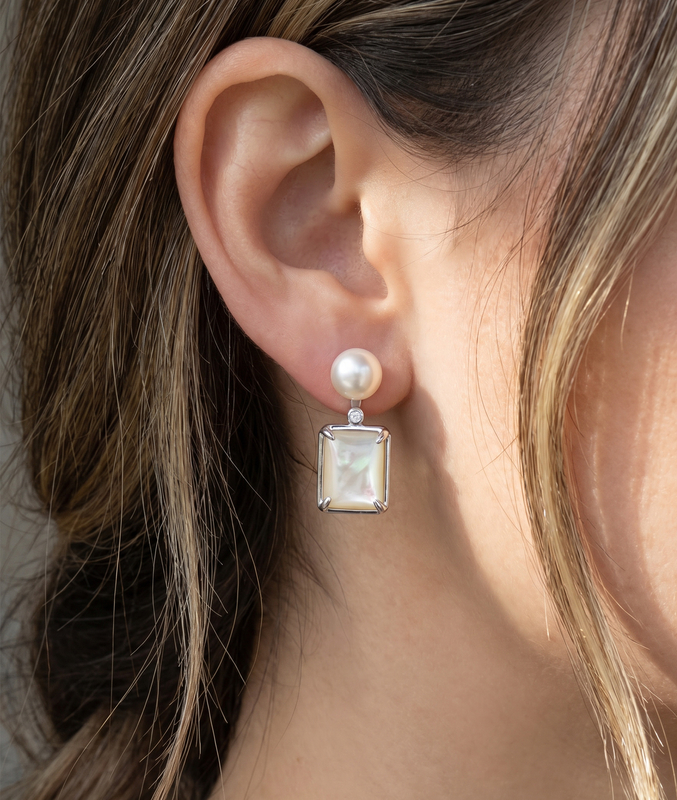 ~White Freshwater Pearl & Mother of Pearl Aubrey Earrings - Secondary Image~