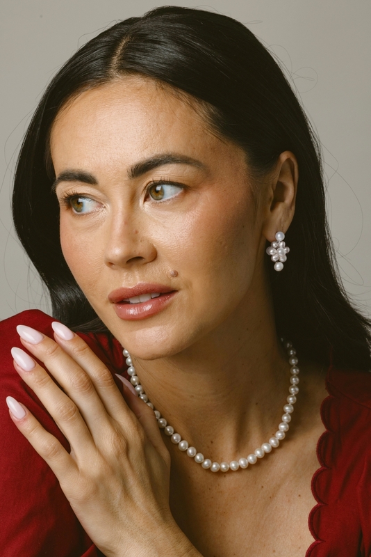 White Freshwater Pearl Adeline Earrings - Model Image