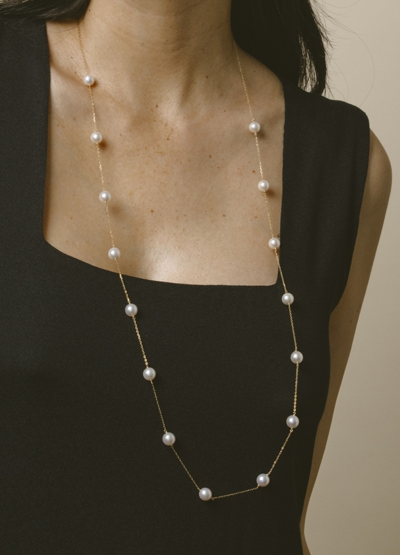 14K Gold 8.0-8.5mm Opera Japanese Akoya Pearl Tincup Necklace - Model Image