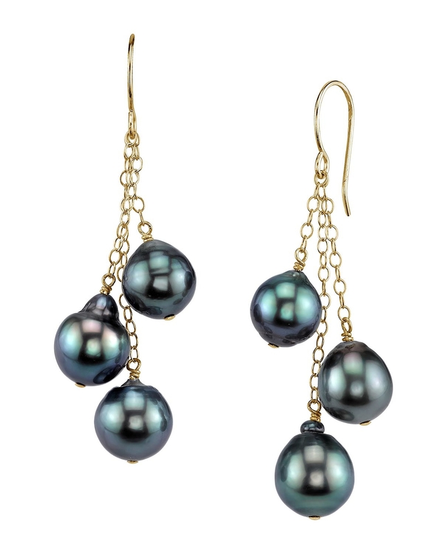 Hängeohrringe mit 7-8mm Tahiti-Südsee-Tropfenperlen im Cluster-Design aus 14K Gold