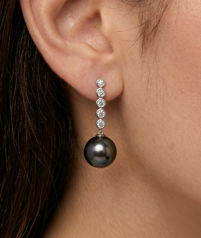 ~Tahitian South Sea Pearl & Diamond Cascade Earrings - Secondary Image~