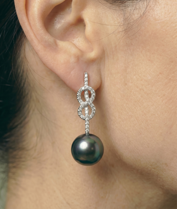 ~Tahitian South Sea Pearl & Diamond Levana Infinity Earrings - Secondary Image~