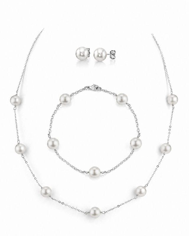 Set aus Tincup-Kette, Armband und Ohrringen aus 14K Gold mit japanischen Akoya-Perlen