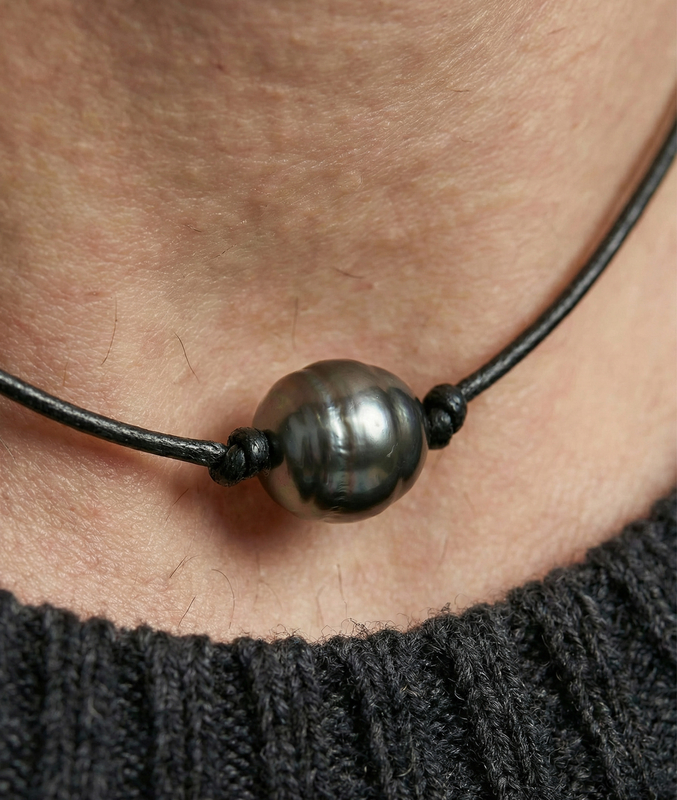 Verstellbare Herren-Lederkette mit Tahiti-Barockperle - Zweites Bild