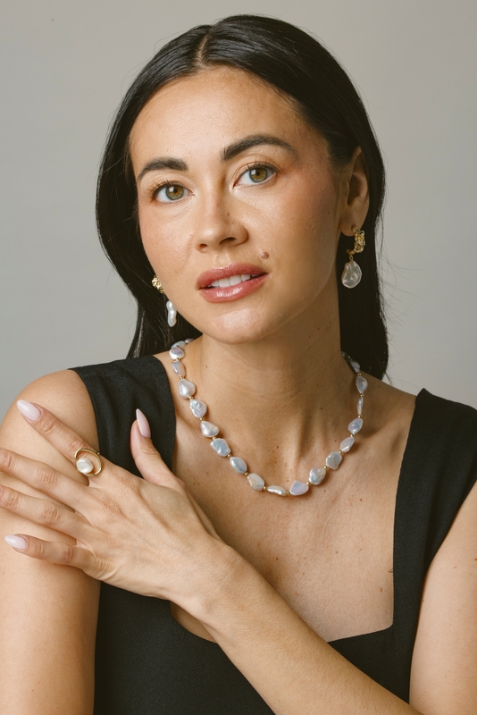 White Freshwater Baroque Hoop Pearl Goldie Earrings - Secondary Image