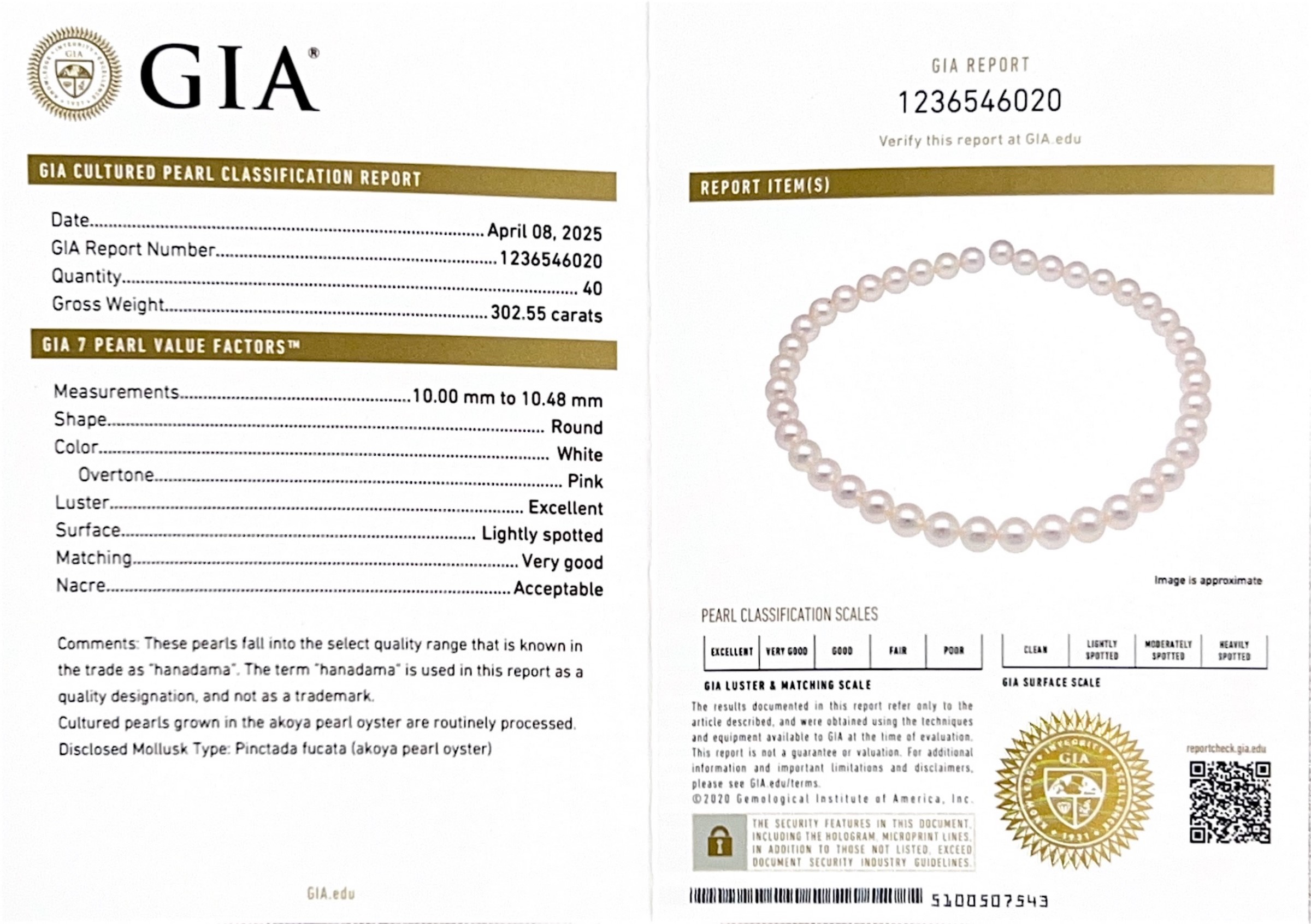 10.0-10.48mm Japanese Akoya White Pearl Necklace - GIA Certified