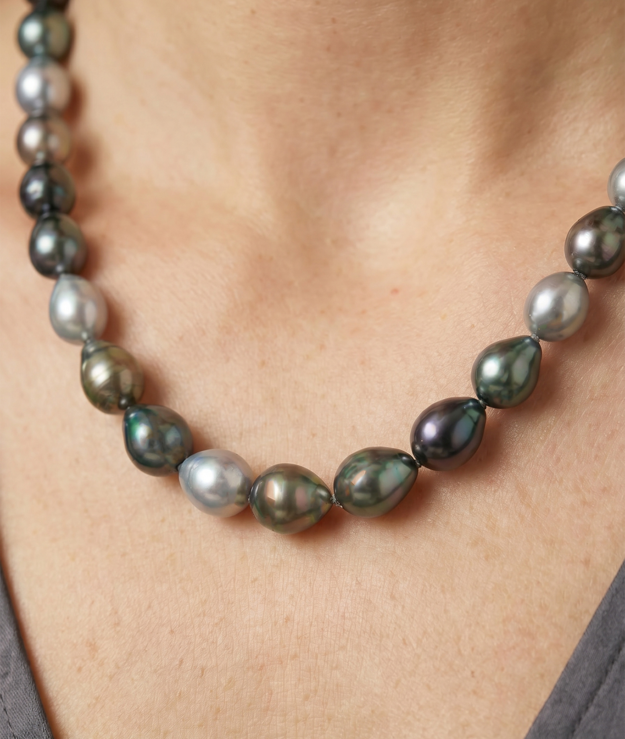 ~8-10mm Tahitian South Sea Multicolor Drop Pearl Necklace - AAAA Quality - Secondary Image~