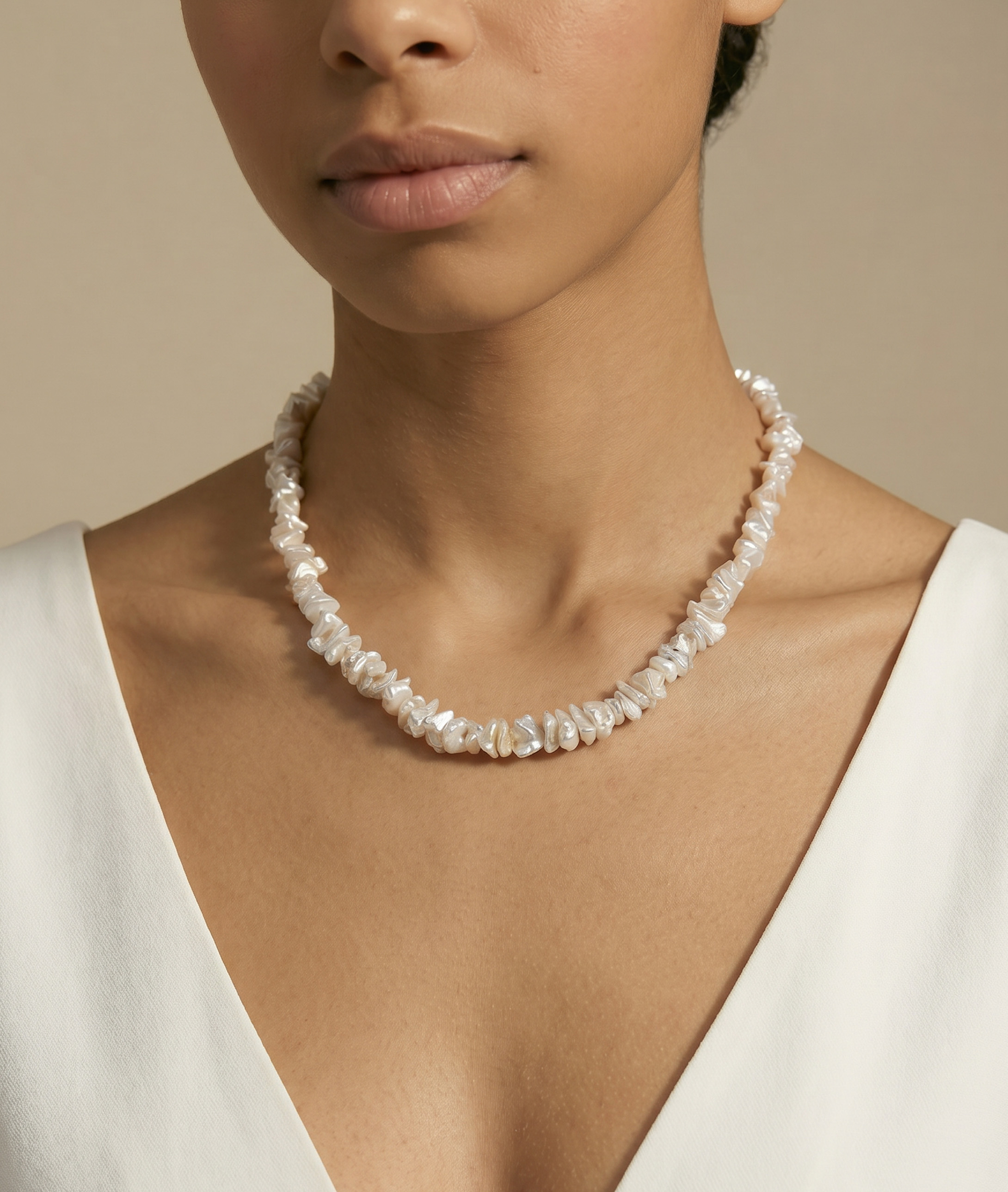 ~8.0-8.5mm White Freshwater Keshi Pearl Necklace - Model Image~