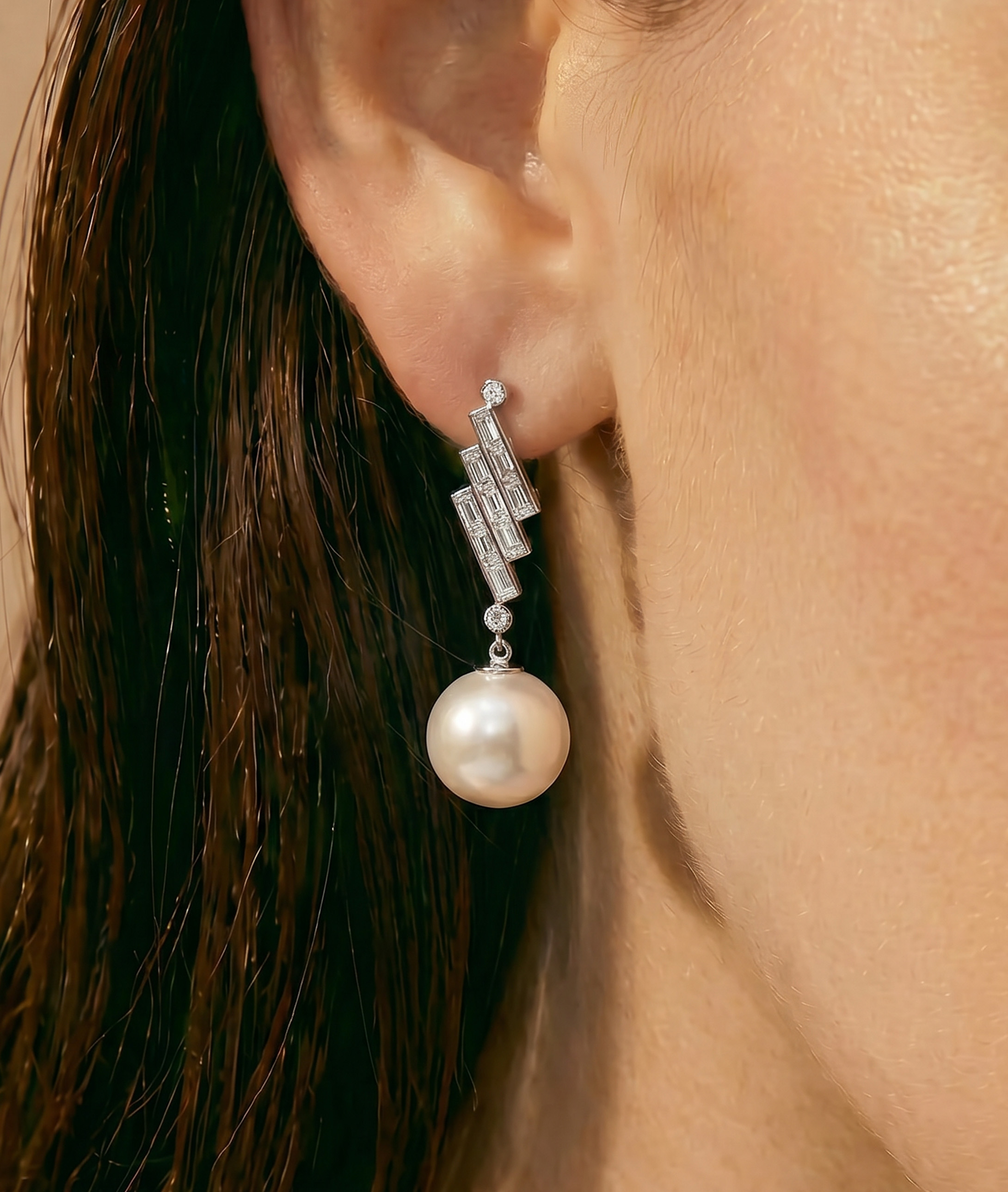 ~South Sea Pearl & Diamond Bowie Earrings - Secondary Image~