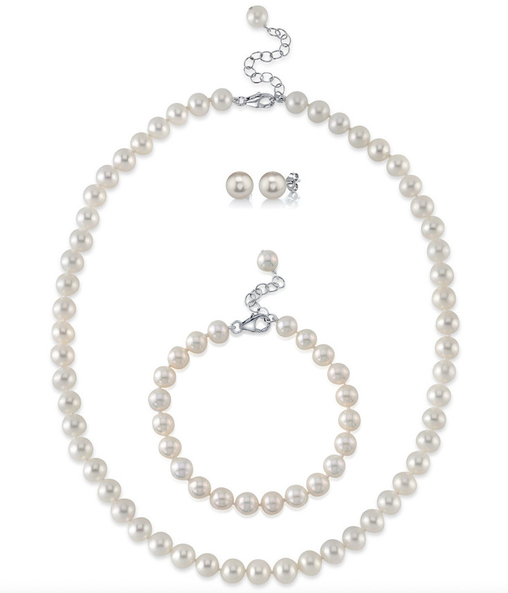 8.0-8.5mm White Freshwater Pearl Adjustable Necklace, Bracelet, Earrings Set