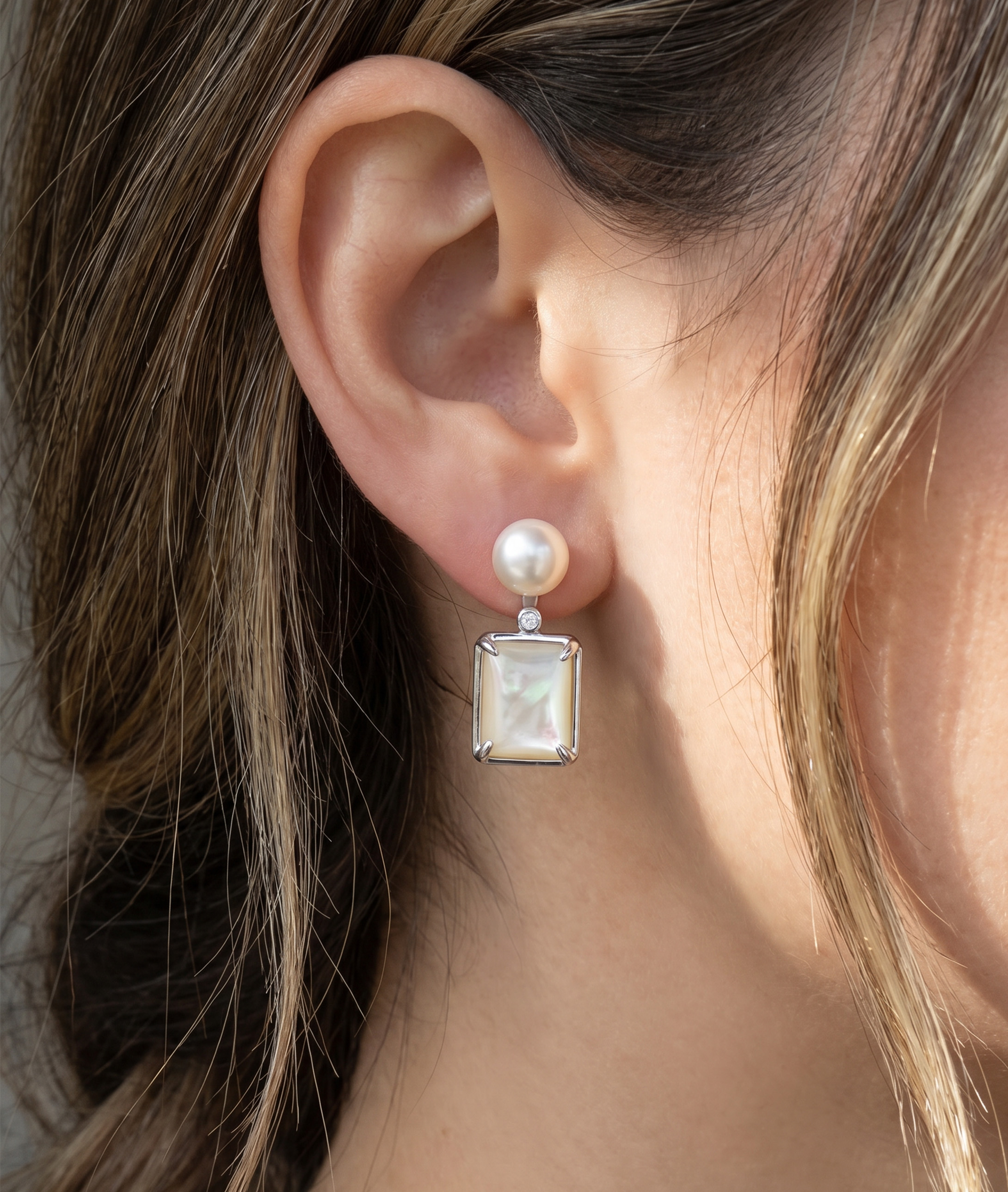 ~White Freshwater Pearl & Mother of Pearl Aubrey Earrings - Secondary Image~