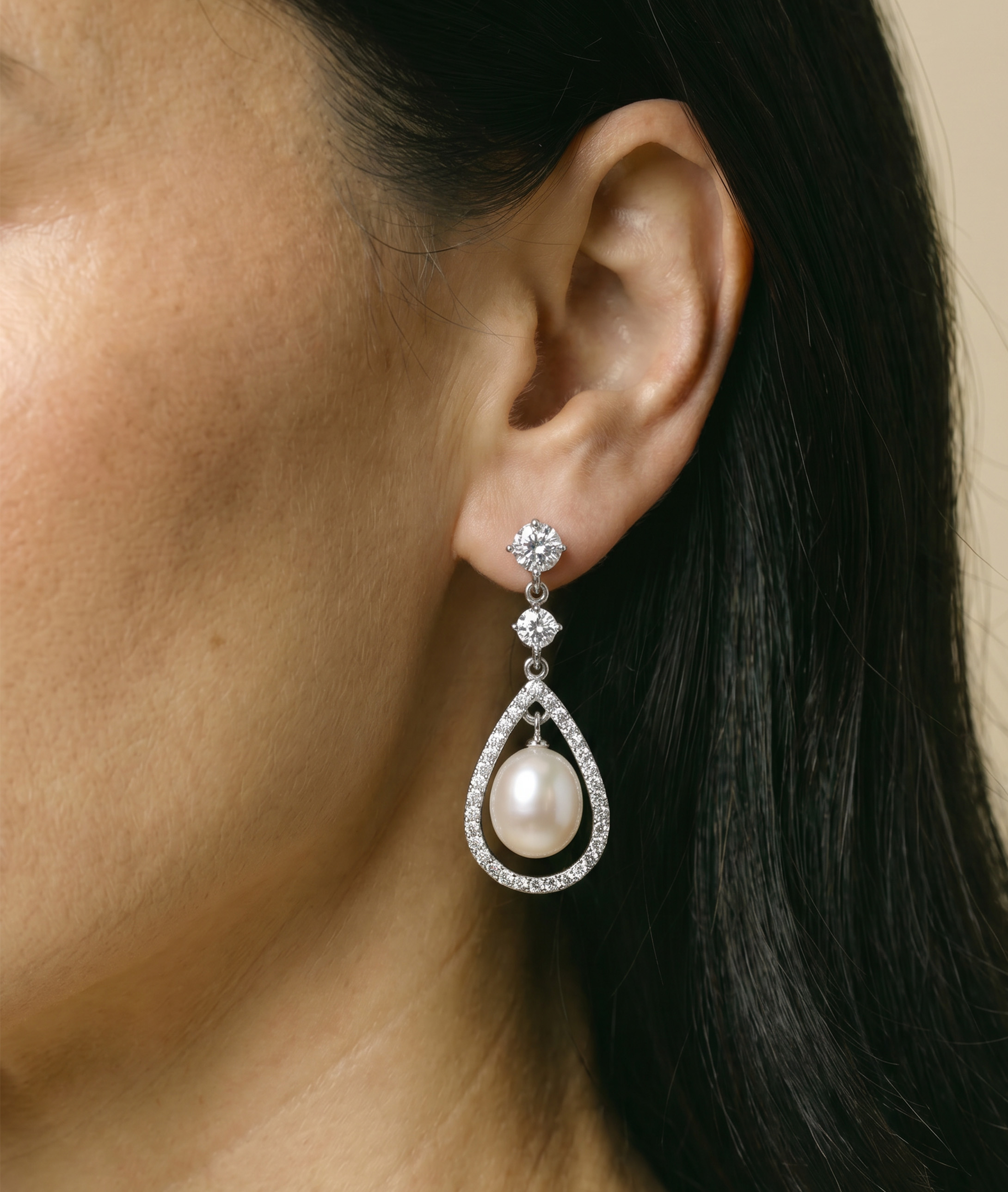 ~White Freshwater Pearl Dazzel Earrings - Secondary Image~