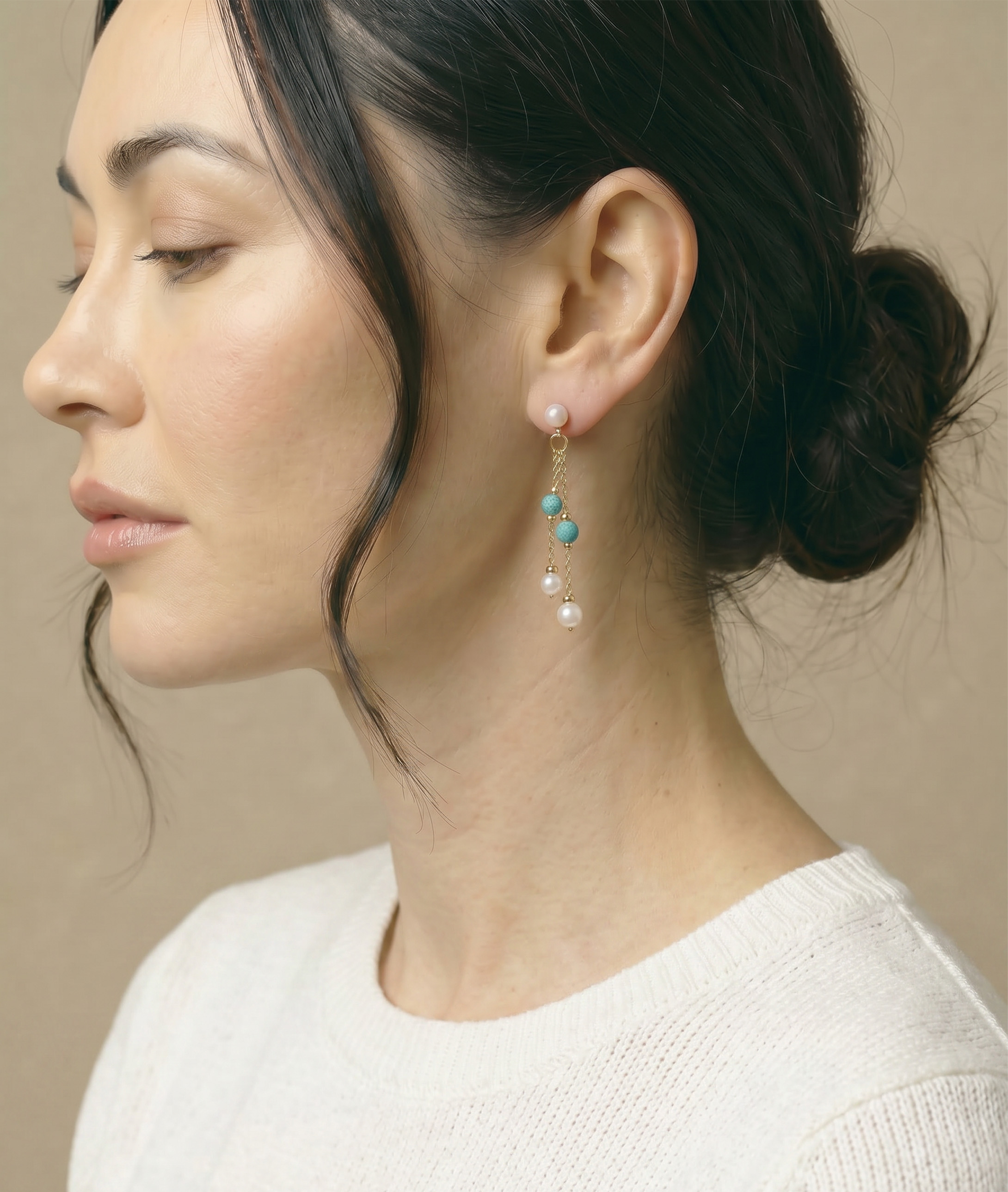 ~White Freshwater Pearl Turquoise Earrings - Model Image~