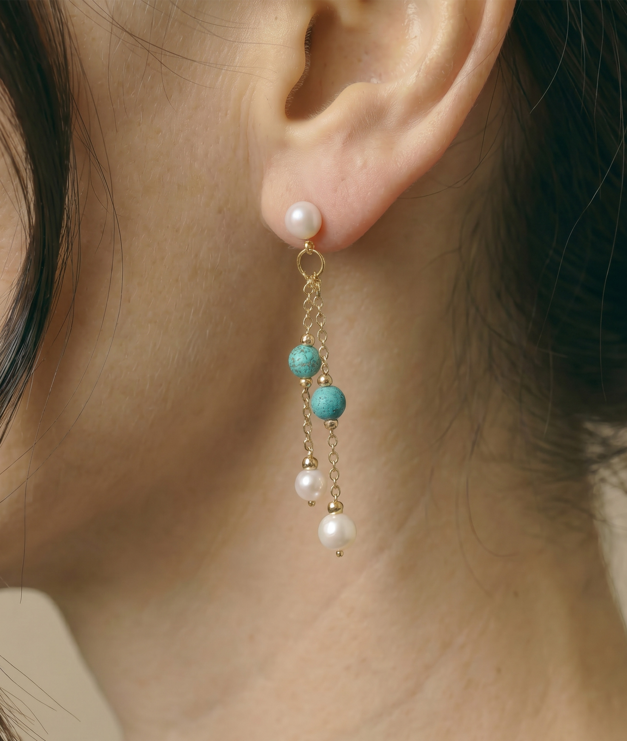 ~White Freshwater Pearl Turquoise Earrings - Secondary Image~