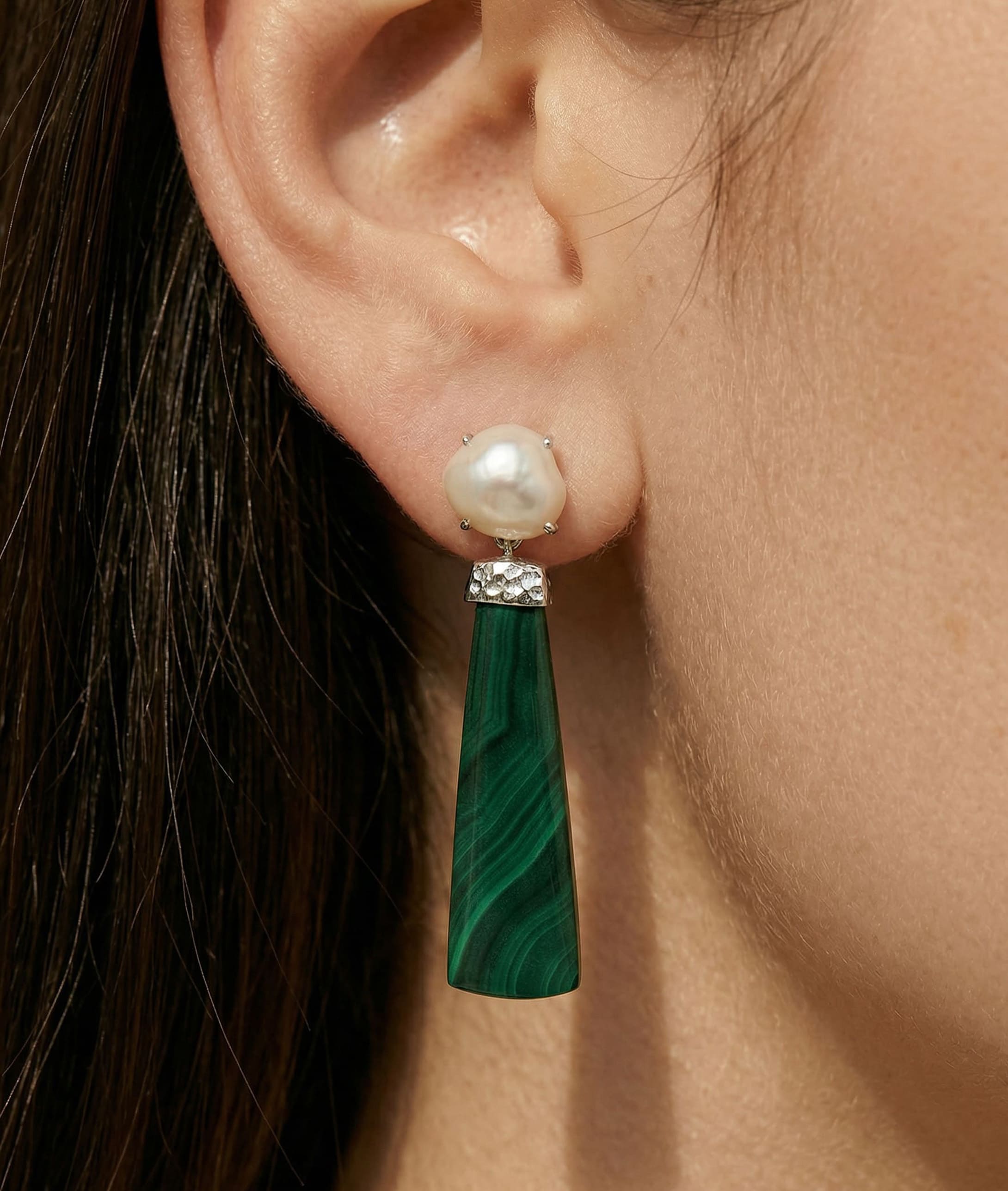~White Freshwater Baroque Pearl Verde Earrings - Secondary Image~