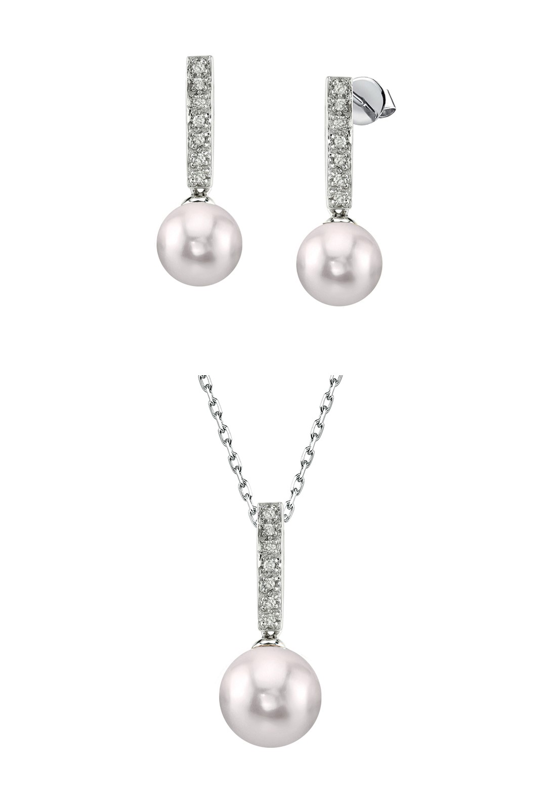 Akoya Pearl Dangling Diamond Pendant & Earrings