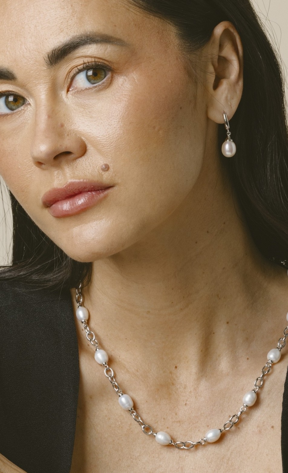 White Freshwater Teardrop Pearl Leverback Earrings - Model Image