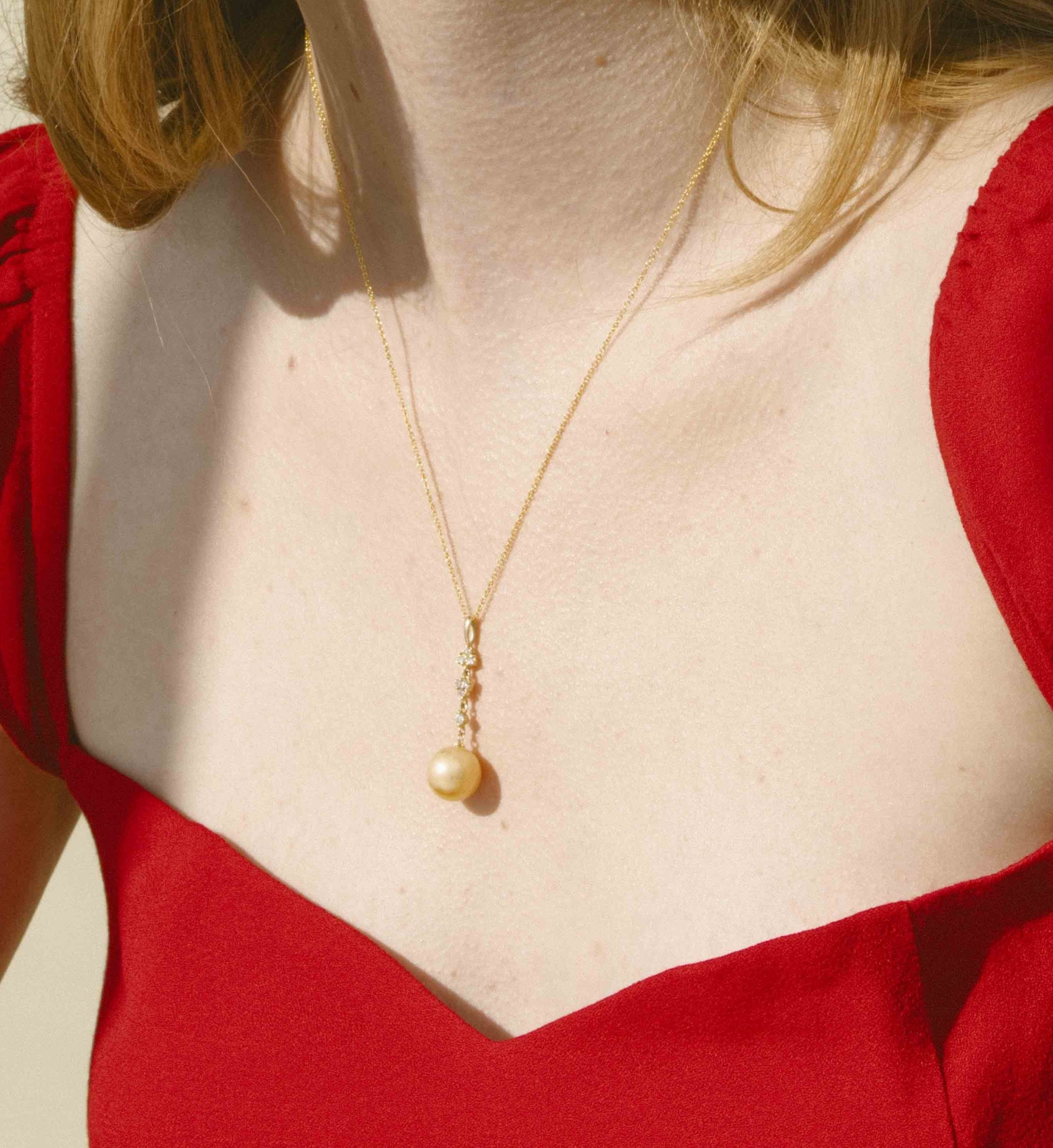Golden South Sea Pearl & Lab Grown Diamond Georgia Pendant - Model Image