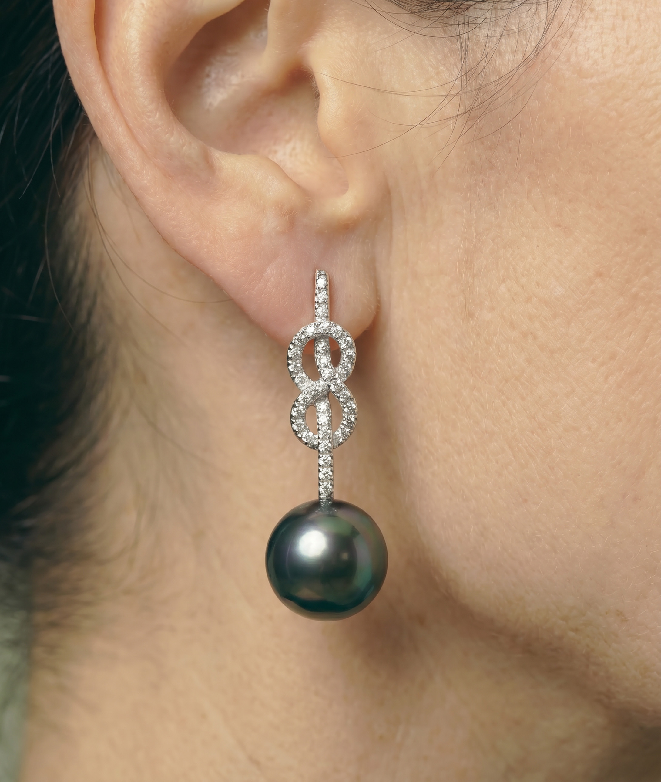 ~Tahitian South Sea Pearl & Diamond Levana Infinity Earrings - Secondary Image~