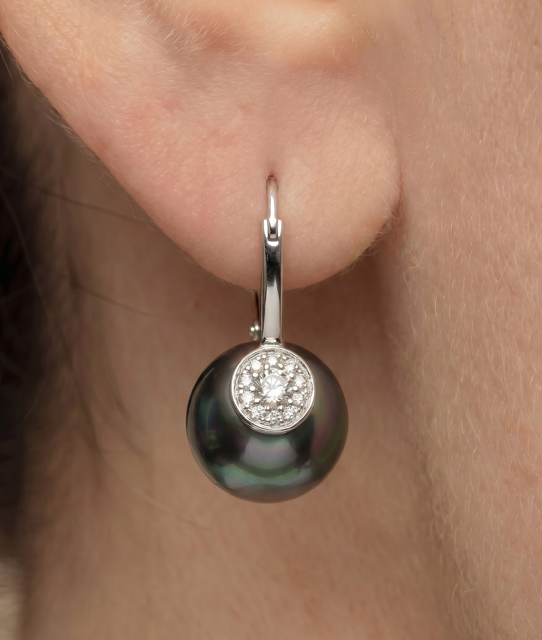 ~Tahitian South Sea Pearl & Diamond Huggie Vivian Earrings - Secondary Image~