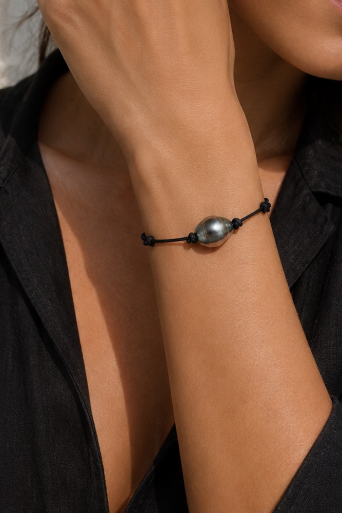 Verstellbares Lederarmband mit tahitischer Barockperle für Damen – Zweites Bild