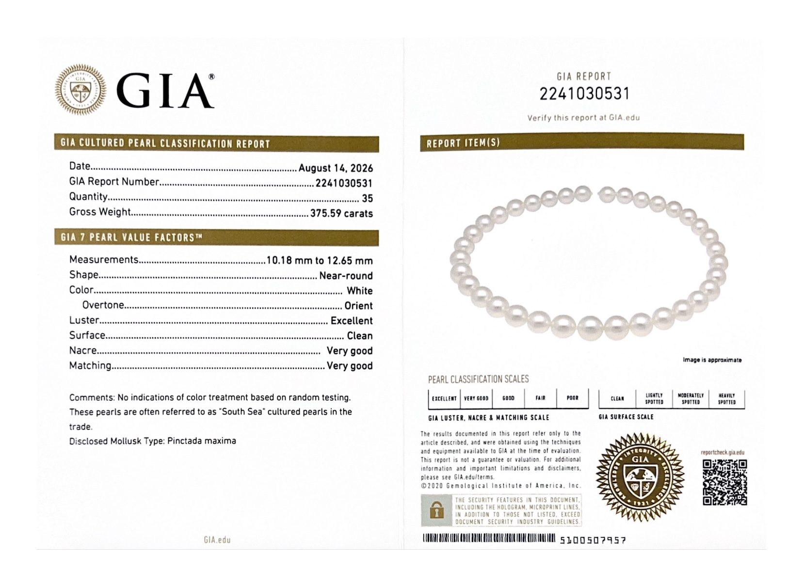 10-12 mm weiße Südsee-Rundperlenkette AAAA-Qualität - GIA-zertifiziert - Zweitbild