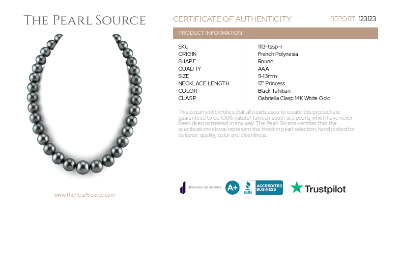 11-13mm Tahitian South Sea Pearl Necklace - AAA Quality-Certificate