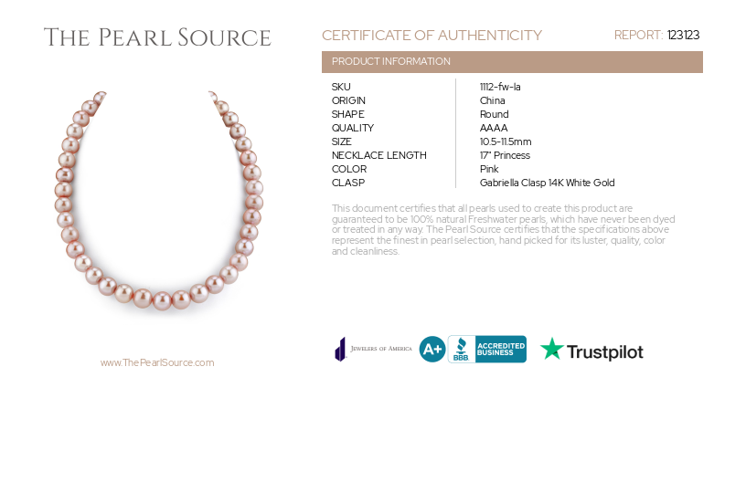 10.5-11.5mm Pink Freshwater Pearl Necklace- AAAA Quality-Certificate