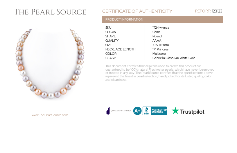 10.5-11.5mm Freshwater Multicolor Pearl Necklace - AAAA Quality-Certificate
