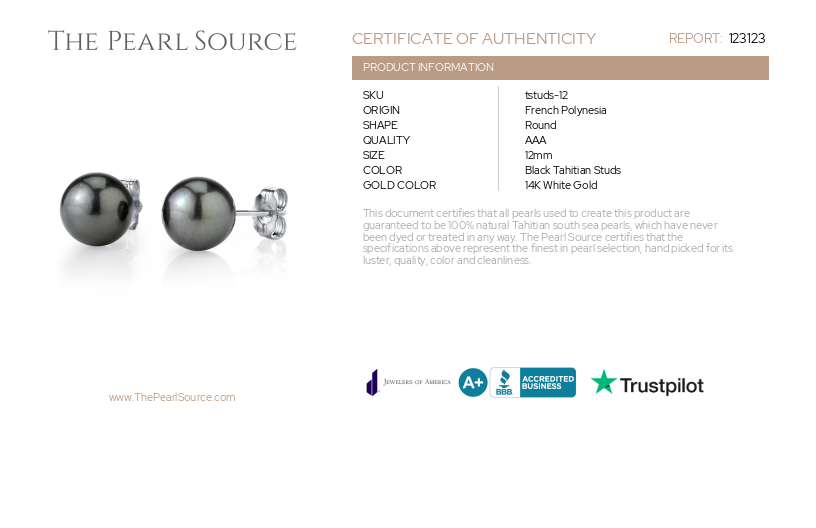 ~12mm Tahitian South Sea Round Pearl Stud Earrings-Certificate~