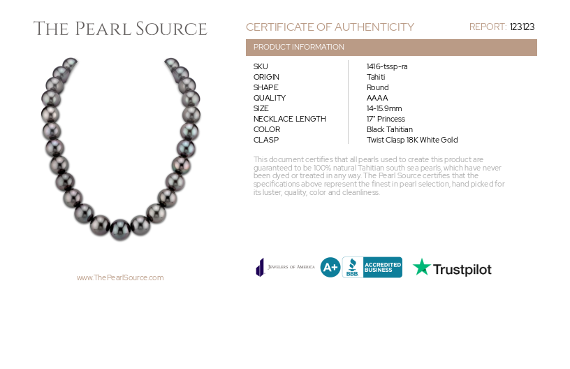 14-15.9mm Tahitian South Sea Pearl Necklace - AAAA Quality-Certificate
