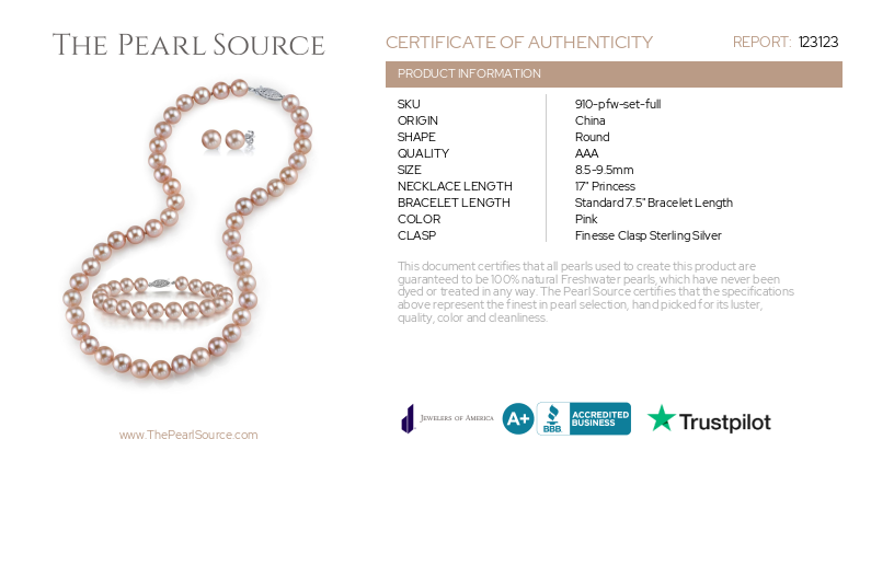 ~8.5-9.5mm Pink Freshwater Pearl Necklace, Bracelet & Earrings-Certificate~