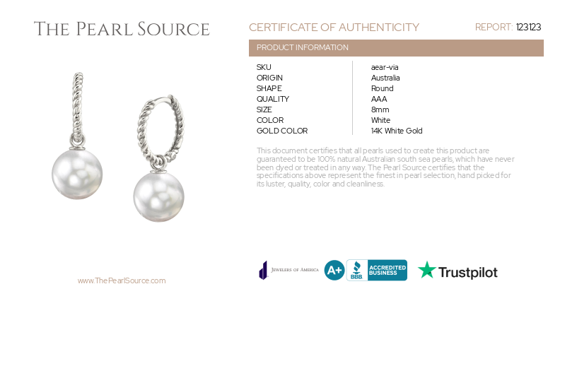 White South Sea Pearl Hoop Via Earrings-Certificate