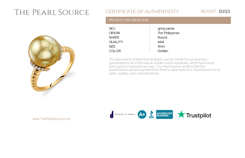 Goldene Südsee-Perle & Diamant Jackie-Ring-Zertifikat