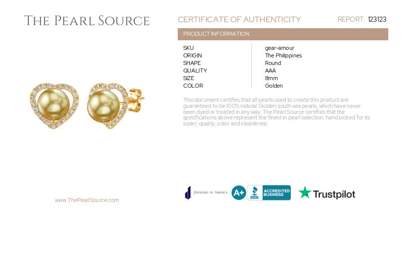 Golden South Sea Pearl & Diamond Heart Amour Earrings-Certificate