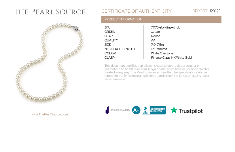 ~7.0-7.5mm Japanese Akoya White Choker Length Pearl Necklace - AA+ Quality-Certificate~