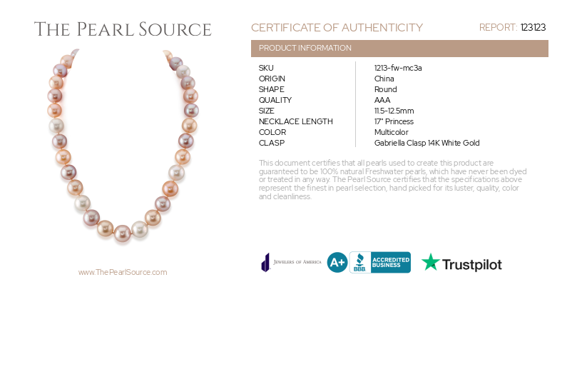 11.5-12.5mm Freshwater Multicolor Pearl Necklace - AAA Quality-Certificate