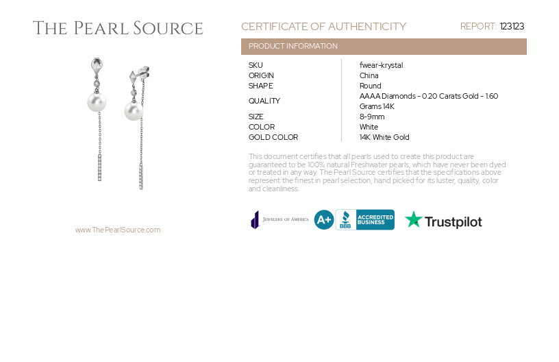 Freshwater Pearl & Diamond Threader Krystal Earrings-Certificate