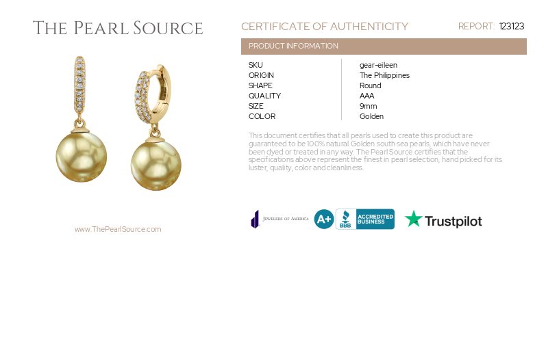 Golden South Sea Pearl & Diamond Huggie Eileen Earrings-Certificate