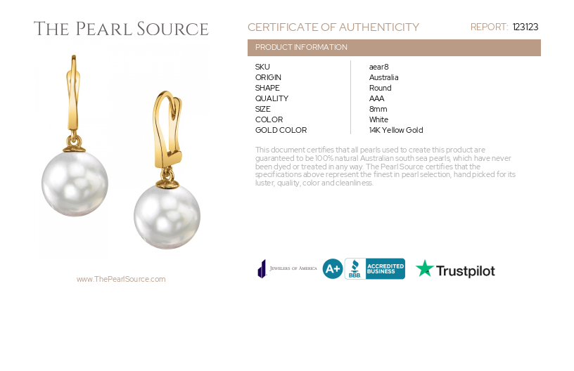 ~South Sea Pearl Classic Elegance Earrings-Certificate~