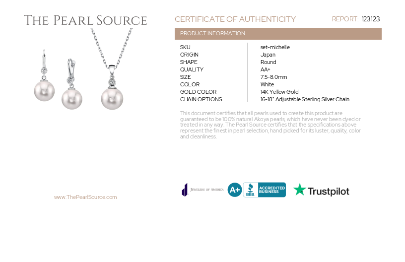14K Gold Schmuckset Michelle mit weißen Akoya-Zuchtperlen & Diamanten-Zertifikat